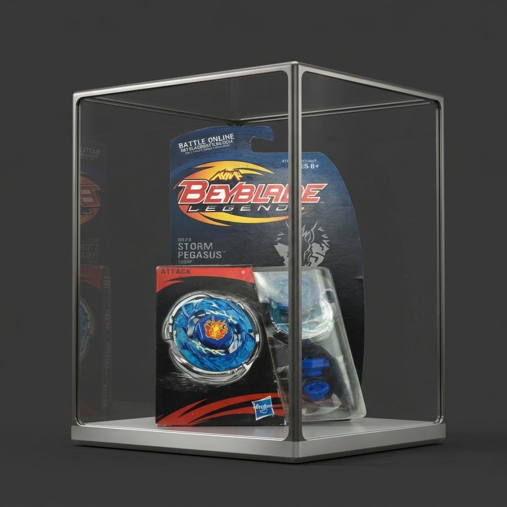 Boxed Storm Pegasus Beyblade inside a glass display case